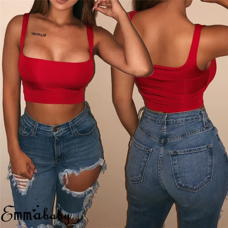 Sexy Women Solid Strappy Tank 2019 Vest Crop Top Summer Beach Party Sleeveless Slash Neck Tanks Woman Girls Bralette Tank Top