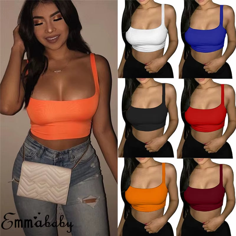 Sexy Women Solid Strappy Tank 2019 Vest Crop Top Summer Beach Party Sleeveless Slash Neck Tanks Woman Girls Bralette Tank Top